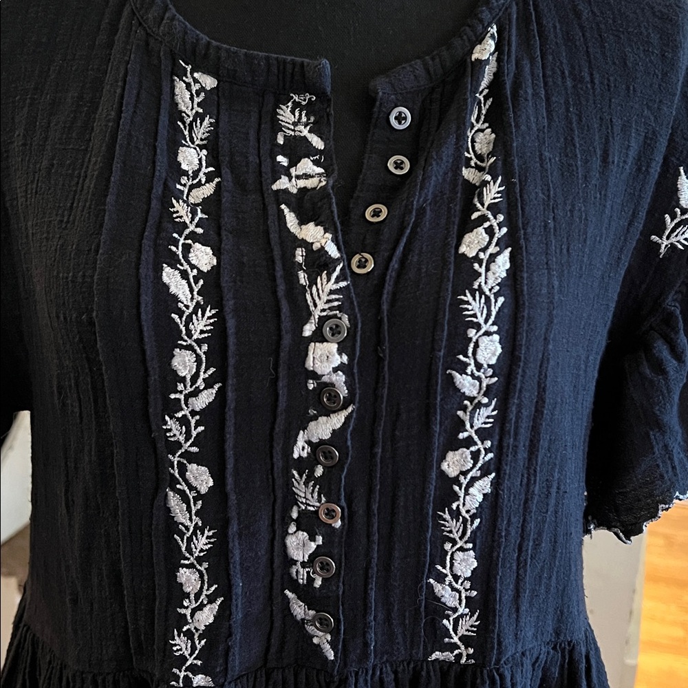 Free People Santiago Embroidered Mini Dress black cotton gauze white floral S - Picture 6 of 7